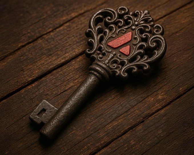 An ornate, antique-style bronze key with decorative scrollwork and a red geometric emblem in the center, resting on a dark wooden surface.