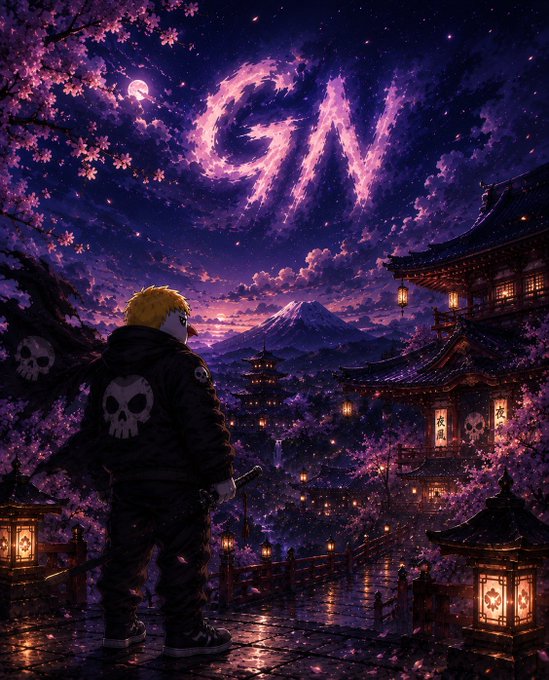 An anime-style illustration of a blonde character looking out over a Japanese-style village at night with Mt. Fuji in the distance, with 'GW' written in glowing clouds above.