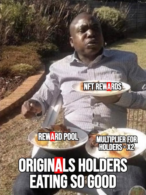 The image shows a man sitting outside with plates of food in front of him. The text above his head reads "I think one of the smartest things about the @AppreciatorsIO IO campaign is that it rewards participation from multiple angles Most campaigns give you one path to win. This one gives holders access to two. 10,000 $APE for the top 20 creators on the leaderboard An exclusive". The man's plates are filled with food and he appears to be enjoying his meal while reading this post.