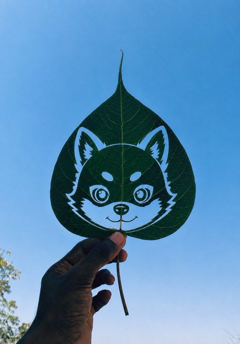 A hand holds up a green Bodhi tree leaf that has been intricately carved with the face of a cartoon husky dog against a blue sky.