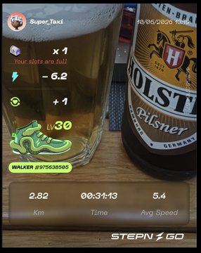 The image shows two bottles of beer, one with a gold label and the other with a brown label, placed next to each other. A caption below the image reads "First Challenge Capsule mission completed in STEPN GO Beta! Bottle task done! I opened a Challenge Capsule, used my Walker LV30: walked 2.82 km 31 minutes 6.2 energy in a single session". The text suggests that someone has completed a fitness challenge using their smartphone app and is now enjoying a beer as a reward for their efforts.