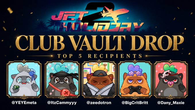 A promotional graphic for 'Jet2 Holiday Club Vault Drop' featuring the Top 5 Recipients (@YEYEmeta, @ItzCammyyy, @zeedotron, @BigCritBritt, @Dany_Maxie) displayed as five cartoon characters in decorated frames.