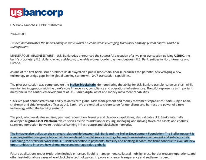 A U.S. Bancorp press release dated 2026-09-09 announcing the launch of USBDC, a U.S. dollar-backed stablecoin, with a highlighted section detailing the strategic relationship between U.S. Bank and the Stellar Development Foundation for cross-border payments.