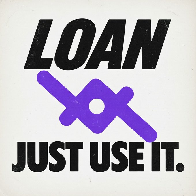 The image features a poster with the text "Loan just use it." The poster has a purple diamond shape, which could be interpreted as a symbol of financial innovation or disruption. The phrase "Loan just use it" suggests that traditional lending practices are being challenged by new and innovative solutions in the lending space.