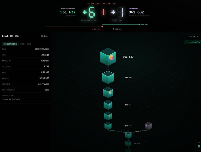 A blockchain visualization showing a 'CHAIN SPLIT AT #961 631' with 'NON-SIGNALING +6' blocks at 961,637 versus '+1 SIGNALING' blocks at 961,632, alongside block details for block 961,636 mined by AntPool.