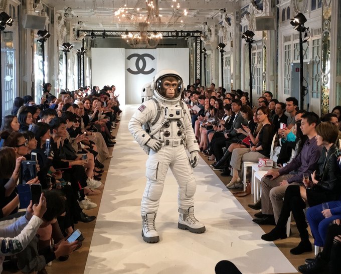 A chimpanzee wearing a white astronaut suit walking down a runway at a Chanel fashion show with the CC logo backdrop and audience seated on both sides.