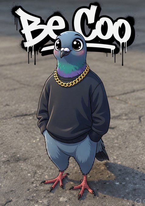 The image features a cartoon pigeon standing upright with its feet on the ground, wearing a black sweater and chain necklace. The background of the image has graffiti writing that says "Be Coo" above the pigeon's head. The text also mentions a Pigeon Solana character from a video game named "FR7TTFmJdCtrMwo9cvirUerMmdrmkWkYsCPzqMCspump".