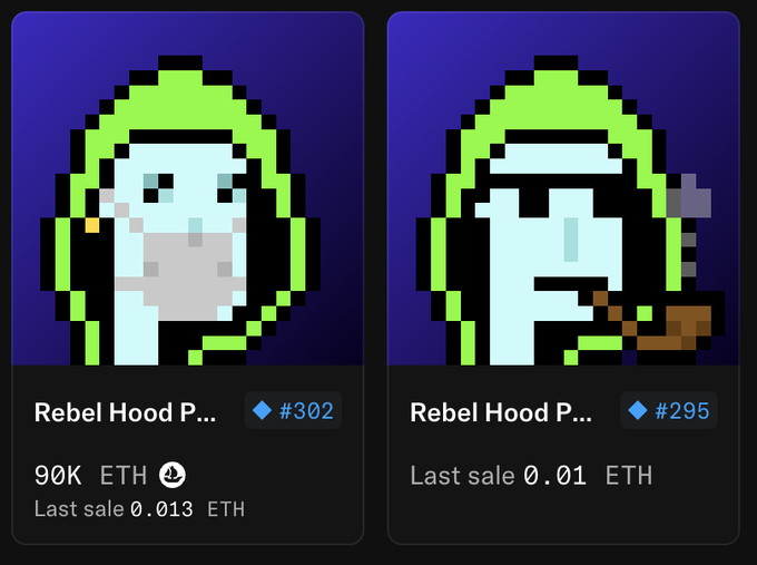 Two pixel-art character profile pictures from a digital marketplace display a hooded figure with glowing blue accents; the left is titled 'Rebel Hood P...' priced at 90K ETH with a last sale of 0.013 ETH, and the right is 'Rebel Hood P...' with a last sale of 0.01 ETH.