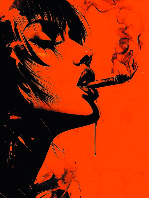 A striking digital artwork titled "Rebel" features a high-contrast black and red illustration of a woman smoking a cigarette, with smoke swirling around her face and what appears to be liquid dripping from her mouth, being offered as a 1-edition NFT on objkt.com for 25 Tezos.