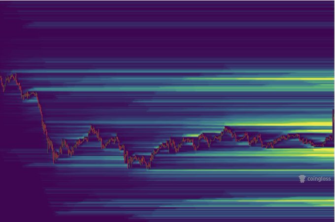 A financial chart from Coinglass showing price action overlaid on horizontal volume bars in a heatmap color scheme of purple, blue, green, and yellow.
