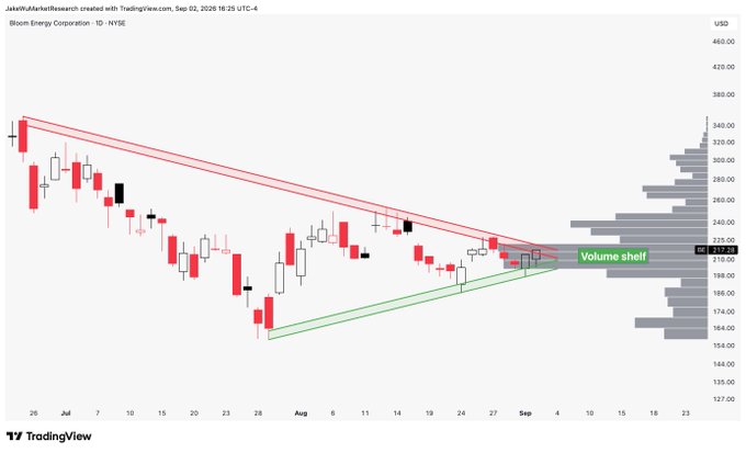 A TradingView daily candlestick chart for Bloom Energy Corporation (NYSE: BE) shows a tightening descending wedge with volume shifting near $200–$240 in September 2024. The post’s “i” likely refers to the charted “volume shelf,” not Nancy Pelosi.