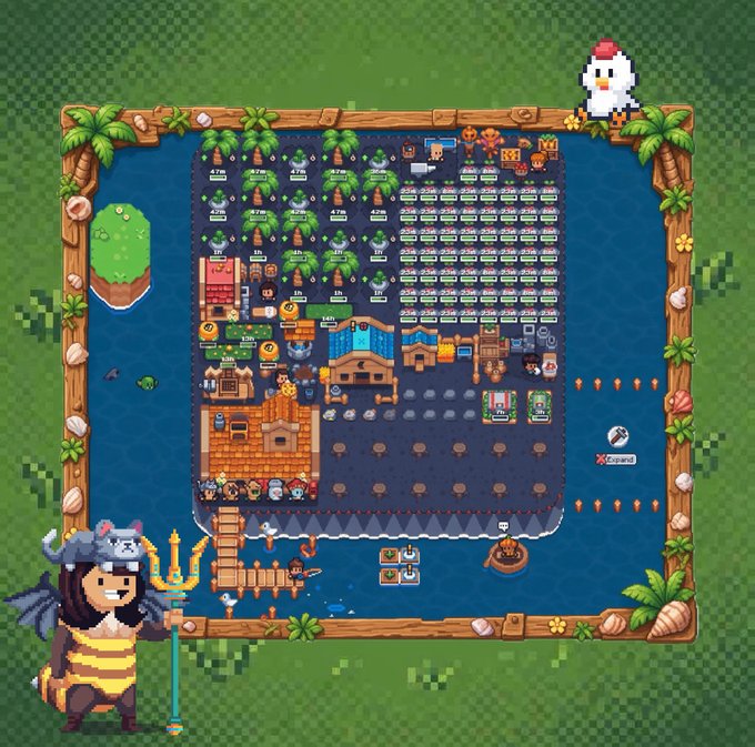 A pixel art game scene showing a character with a trident and beehive-themed outfit on an island surrounded by water, with various buildings, trees, and farm plots laid out on the island.
