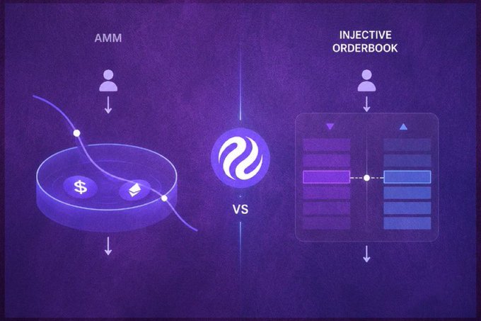 An infographic comparing Automated Market Makers (AMM) with Injective Orderbook, featuring a purple gradient background with illustrations of liquidity pools on the left and order book interface on the right, separated by 'VS'.
