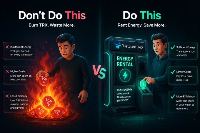 A comparison infographic titled 'Don't Do This' versus 'Do This', contrasting the downsides of burning TRX with the benefits of using 'JustLend DAO' for energy rental.
