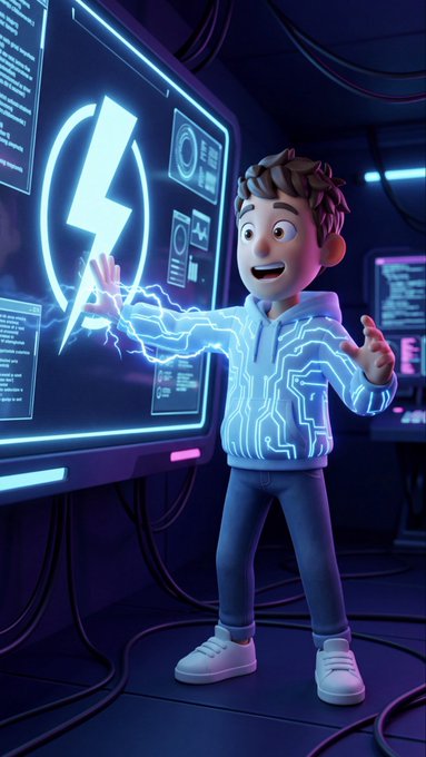 A 3D-rendered cartoon character in a glowing circuit-patterned hoodie reaching toward a holographic lightning bolt display on a screen.
