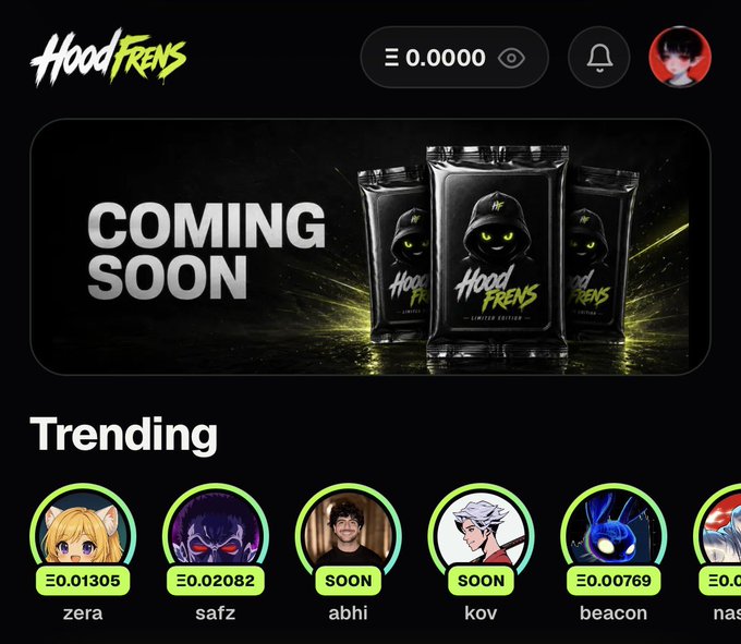 The image displays the HoodFrens platform homepage featuring a "COMING SOON" banner with branded merchandise and a Trending section showcasing creator cards with usernames (zera, safz, abhi, kov, beacon, nas) and values like Ξ0.01305 and Ξ0.02082. It visually represents the new platform mentioned in the post, where users can join using a referral code to trade creator cards and compete for ETH rewards.