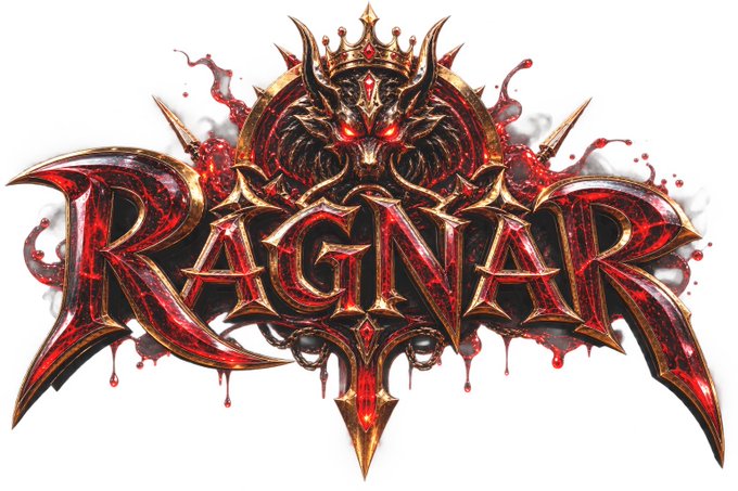 A stylized 'RAGNAR' logo featuring a demonic face with red eyes, a crown, and blood-like splatters in red and gold.