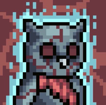 A pixel art skeletal figure wearing a pink/red scarf is depicted with glowing cyan accents against a dark red background. The image relates to the post by showcasing a Necrowls NFT character, which is being promoted as a stakeable digital collectible now minting on Ethereum.