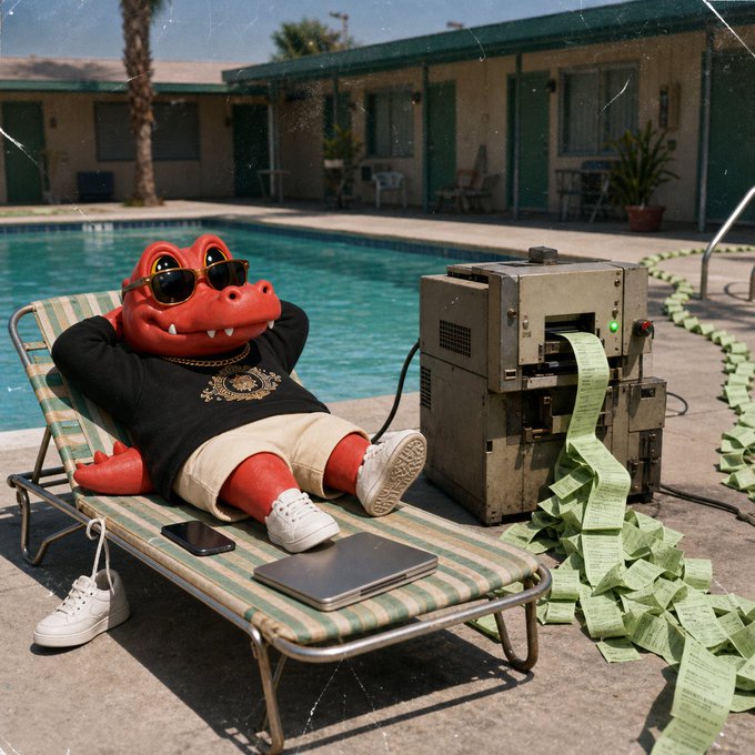 A stylized, humorous image of a red crocodile wearing sunglasses and a black shirt lounging on a pool chair next to a machine printing long green receipts, with a laptop and phone nearby.