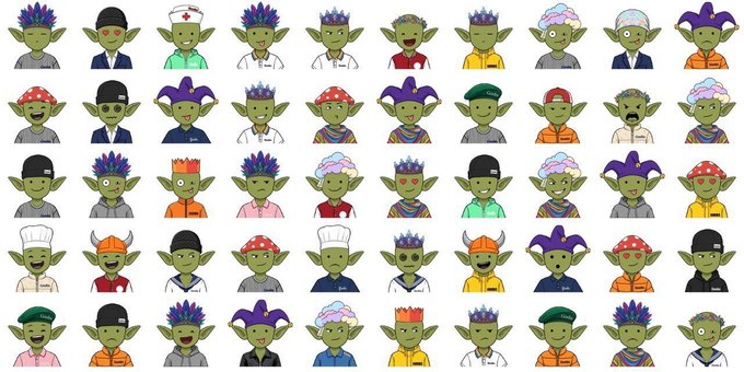 A grid of 50 green goblin or orc-like cartoon avatars featuring various colorful hairstyles and accessories (hats, crowns, bandanas), different facial expressions, and diverse outfits including suits, chef uniforms, and casual wear, displayed as NFT characters for a giveaway promotion.