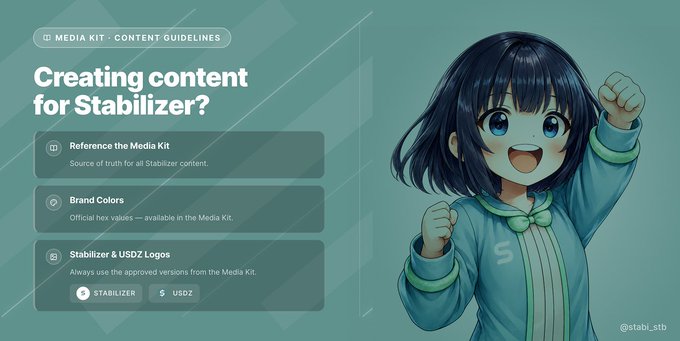 A presentation slide titled "Creating content for Stabilizer?" from a "MEDIA KIT - CONTENT GUIDELINES" document lists three rules: "Reference the Media Kit", "Brand Colors", and "Stabilizer & USDZ Logos", accompanied by an anime-style illustration of a cheerful girl with blue hair in a blue sweater with an "S" logo, and the handle "@stabi_stb".