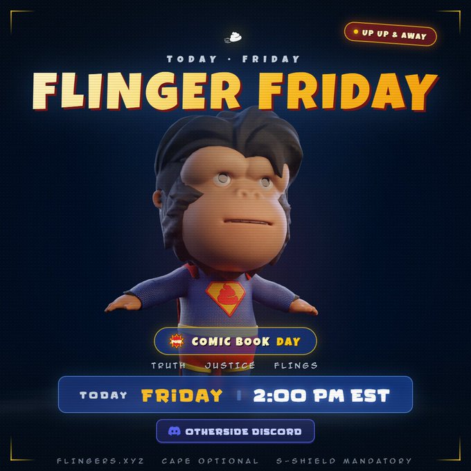 A promotional graphic for 'FLINGER FRIDAY' featuring a 3D chibi-style Superman character with wild hair, advertising a Comic Book Day event today at 2:00 PM EST on the Otherside Discord.