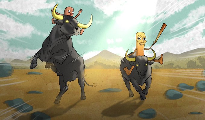 A cartoon illustration shows a baby and a hot dog character with faces riding on the backs of two charging black bulls through a dusty landscape.