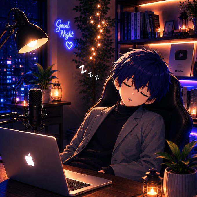 An anime-style boy with blue hair falls asleep at his desk in front of a glowing Apple laptop, surrounded by a 'Good Night' neon sign, a microphone, and cozy string lights in his nighttime setup.