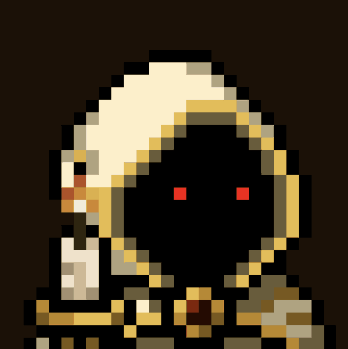 The pixel art shows a hooded figure in golden and cream robes with glowing red eyes set against a dark background, evoking a mysterious NFT avatar. It aligns with the post's crypto/NFT theme from @MancerXYZ, representing a collectible character while the author promotes their token and recent profits of $95 in just three days.