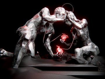 A dark sculpture depicts two gaunt, humanoid figures hunched over a glowing red, abstract form, illuminated against a black background.