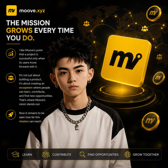 The image features a young man wearing a white shirt with black stripes and a chain necklace. He appears to be posing for a picture or advertisement related to the company @moovexyz. The background of the image is black, which contrasts with the yellow square logo prominently displayed in the center. The text on the image reads: "The mission grows every time you do." This message emphasizes the idea that the company's focus is not only on building a product but also on fostering a community where people can learn new skills and contribute meaningfully to its growth.