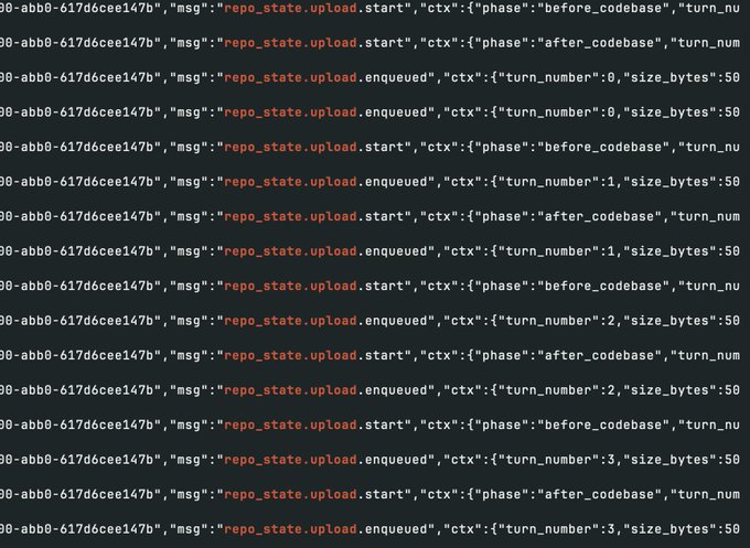 Terminal or log file output showing repeated JSON-formatted log entries with 'msg':'repo_state.upload.start' and 'repo_state.upload.enqueued' messages.
