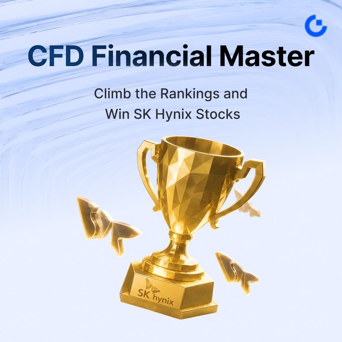 A promotional graphic for the "CFD Financial Master" trading competition features a golden trophy engraved with the "SK hynix" logo, advertising that participants can "Climb the Rankings and Win SK Hynix Stocks." The image visually reinforces the post's announcement of Gate's TradFi CFD Masters event by highlighting the SK Hynix stock prize and the competitive leaderboard aspect of the campaign.