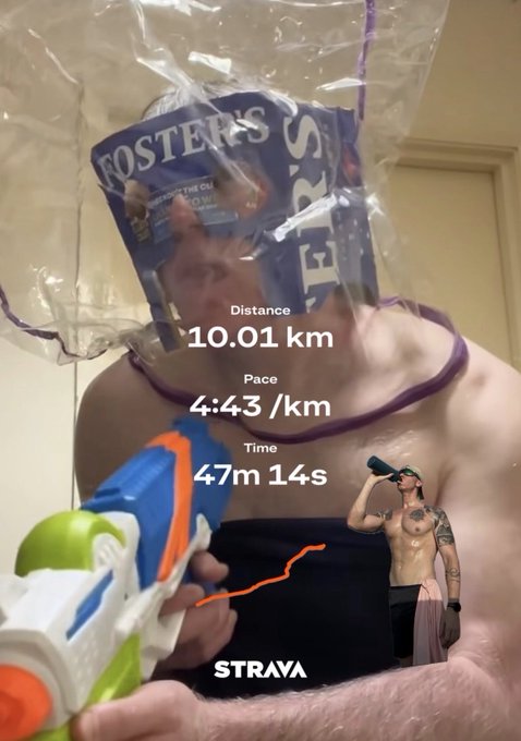 A shirtless person holds a water gun with a plastic Foster's bag over their head, overlaid with Strava running stats showing 10.01 km distance, 4:43/km pace, and 47m 14s time.