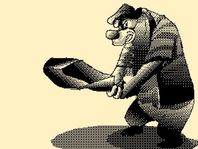 A black and white halftone illustration of an elderly man in a cap examining or holding something small in his hands, rendered in a vintage comic or pixelated art style.