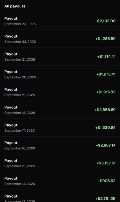 A screenshot of an "All payouts" history showing daily earnings ranging from $905.62 to $3,157.61 across multiple dates in September 2026, with the accompanying post referencing the PumpfunEco app and encouraging viewers to join to start calling out runners. The payout history displays consistent daily returns, supporting the post's bullish promotion of the platform.