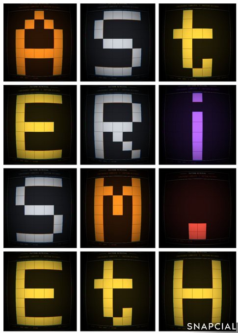 The image features a grid of nine squares with different letters displayed within them. The letters are arranged in various colors such as yellow, orange, black, white, purple, red, green, blue, and gray. Each square contains a unique combination of these colors, creating an interesting visual effect. The text "Pattern Retrieval by @adamilenich Whitelist form is open. supply: ?".