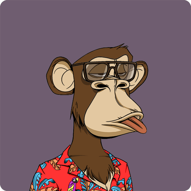 Cartoon illustration of a monkey wearing glasses and a red tropical shirt, with its tongue sticking out against a gray background.