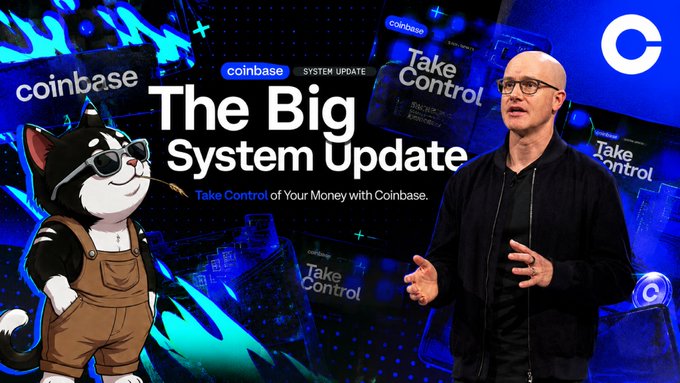 The image features an advertisement for Coinbase's system update. The main focus is a man wearing glasses standing next to a cat dressed up as a Bitcoin character. The text above him reads "The Big System Update" and "Take Control of Your Money with Coinbase". Below this, there are several images related to the post, including a coinbase logo, a cat, and a Bitcoin symbol.