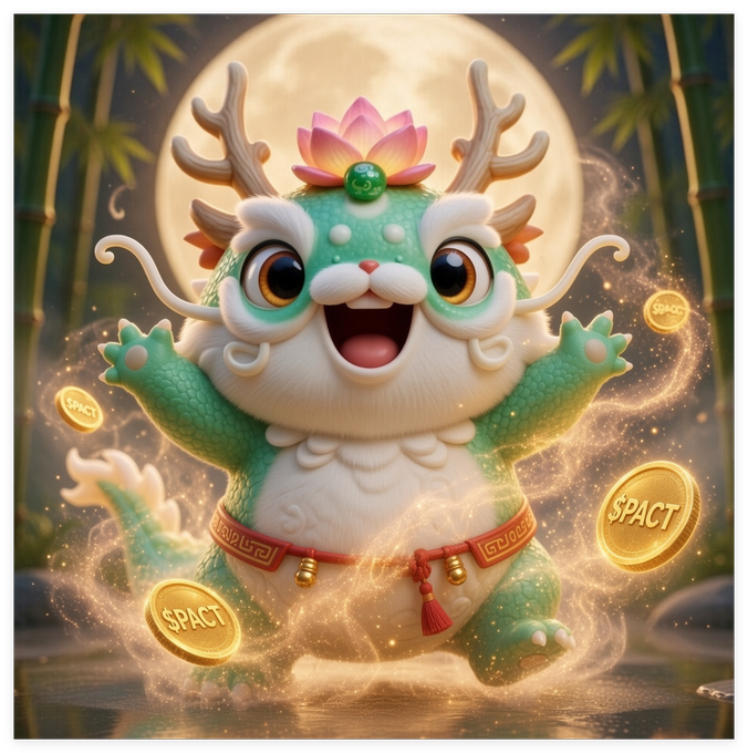 A cute green mythical creature wearing a lotus flower crown, surrounded by floating gold coins labeled '$PACT' under a full moon.