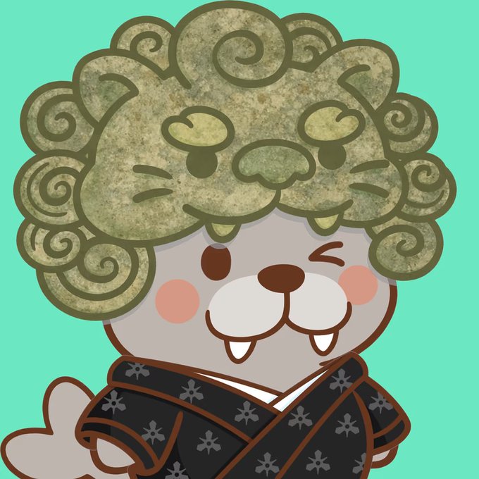 A cartoon seal character with a curly, mossy-textured mane styled as a wig, winking playfully while wearing a dark patterned kimono against a turquoise background. The image appears to be a whimsical NFT mint, celebrating an art drop and thanking the artists involved.