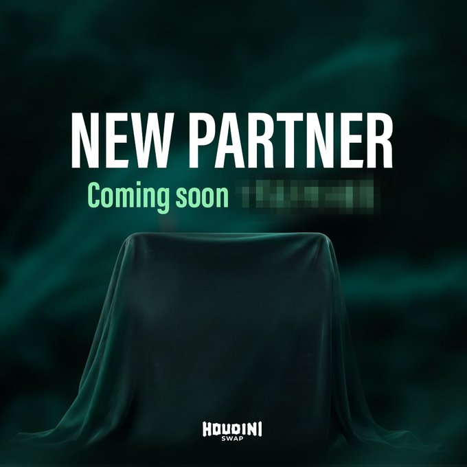A mysterious promotional teaser from Houbini Swap featuring a draped object beneath the bold text "NEW PARTNER Coming soon," with the partner's name obscured by pixelation against a dark teal background.