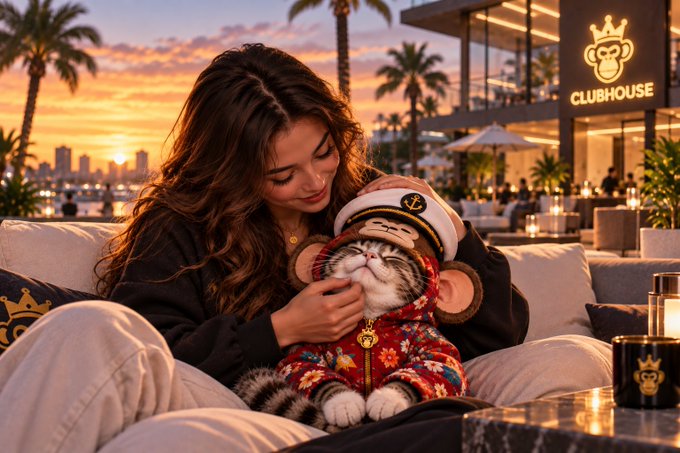 A young woman smiling warmly while petting a tabby cat wearing an ornate red and gold patterned outfit and a white captain's hat, sitting on a patio with a 'CLUBHOUSE' sign featuring a monkey logo in the background.
