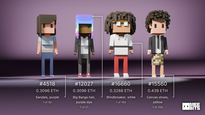Four pixel-art CryptoPunk NFTs displayed with their IDs (#4518, #12027, #16660, #15560), Ethereum prices, trait attributes, and rarity rankings from MemeBits.