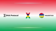 The image features logos for DNA Protocol and Mauritius with a connecting arrow, visually representing the partnership that brings Mauritius' digital identity infrastructure to the XRP Ledger.