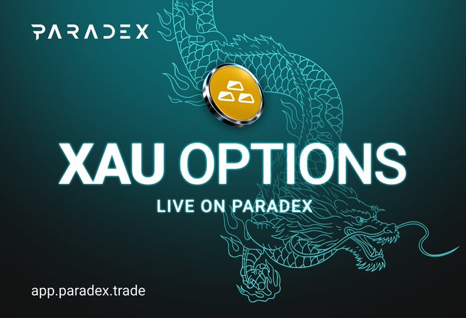 A promotional graphic with teal background featuring a Chinese dragon design, the text 'PARADEX', 'XAU OPTIONS LIVE ON PARADEX', and the URL 'app.paradex.trade'.