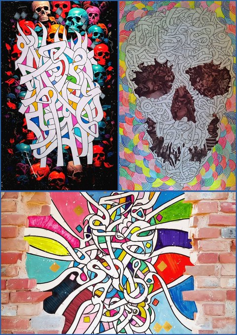 A collage of three artworks featuring graffiti-style designs, including skulls and a stylized skull face with colorful patterns and abstract line art.