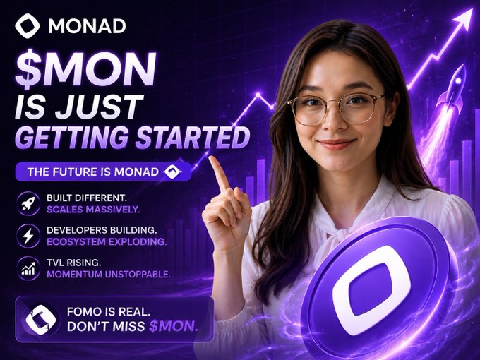 A woman in glasses points upward beside a glowing purple coin featuring the Monad logo, with text reading "$MON IS JUST GETTING STARTED," "THE FUTURE IS MONAD," and taglines like "BUILT DIFFERENT. SCALES MASSIVELY" and "FOMO IS REAL. DON'T MISS $MON," visually reinforcing the post's message that $MON is still early and gaining momentum.