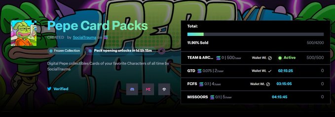 The image shows a screenshot of a social media platform that features various posts from @PEPE_CARDS. The focus is on a page related to pepe card packs, which displays information such as the number of packages sold (15), their total price (£12.60), and the type of payment option available (card or cash). Additionally, there are some social media notifications displayed, indicating that users should be aware of updates and events associated with this service.