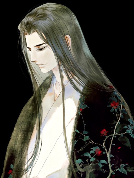 An illustrated portrait of a pale, androgynous figure with long dark hair, eyes closed, wearing a dark robe with red flowers and green vines, resembling traditional East Asian art.